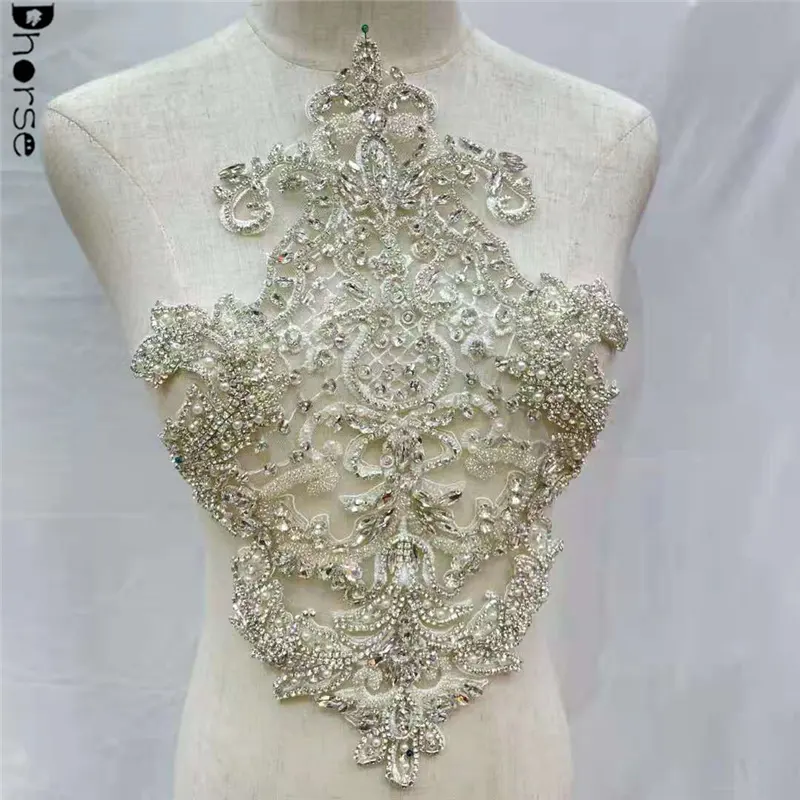 Toptan yeni kristal dantel boncuklu gelin taklidi aplike yama rhinestone korse aplike