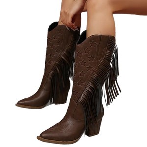 Bottes de cowboy occidentales pour femmes WETKISS, hiver, talon haut, dessus en velours, décorations en strass, large mollet, fermeture à enfiler - Product Image 5