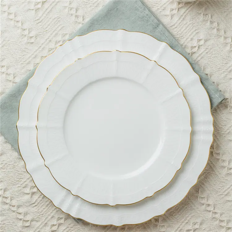 Piatto da pranzo eleganza di fabbrica piatto da pranzo in ceramica con bordo in oro bianco di lusso rotondo da 12 pollici per matrimonio