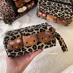 Cute Cat Decor Leopard Print <b>Makeup</b> Bag Zipper Cosmetic Organizer with Handle for Women Daily Use OEM Service - Product Image 1