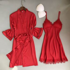 Sfy-y5030 High Quality <b>Sexy</b> Satin Lace Pajamas <b>Set</b> Tops Robe Sleepwear Bridal Lingerie Women's 3D Embroidery Bodysuit - Product Image 1