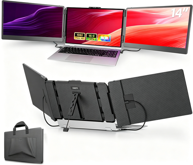 1080P FHD 14 Inch Portable Laptop Monitor 2026 Triple Extender Foldable IPS Panel Single USB-C Cable Connection Mac Windows