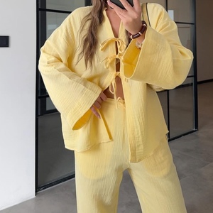 Ensemble de 2 pièces décontractées pour femmes, chemise à manches longues avec nœud papillon de couleur unie, pantalon à jambes larges, tendance - Product Image 5