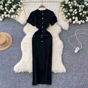 I-0619 Women Summer Women's High-End Single-Breasted Long <b>Dress</b> Slim Fit Short Sleeves Casual Solid Natural Knitted <b>Dress</b> - Product Image 6