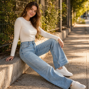 Jeans de Mezclilla de Pierna Ancha, Lavado Claro, Cintura Alta para Mujer - Product Image 2