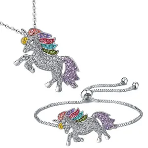 Thời Trang Sang Trọng Mạ Bạc Chuỗi Tennis Bling Pha Lê Zircon Unicorn Phụ Nữ Vòng Tay Vòng Cổ Trang Sức Set Cho Cô Gái