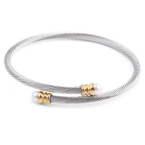 Stainless Steel Pearl Inlaid <b>Adjustable</b> Cable <b>Bracelet</b> Two Tone Fashion Jewelry Everyday Wear - Product Image 4