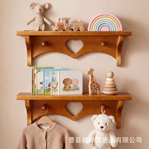 Wooden Wall Mount Storage Rack With Heart Cutout And <b>Hooks</b> For Toys Books And Kitchen Utensils - Product Image 2