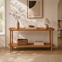 Table console en bois de luxe minimaliste Wabi-Sabi à 2 niveaux avec rangement ouvert et bords arrondis pour entrée, villa, salon, couloir