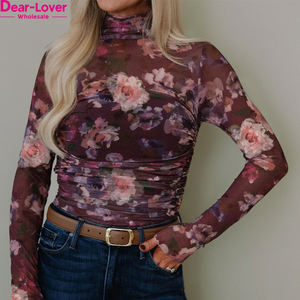 Dear-Lover, Fabricante Mayorista de Ropa Occidental <span class=keywords><strong>para</strong></span> <span class=keywords><strong>Mujer</strong></span>, Blusa de Manga Larga con Cuello Alto, Estampado Floral y Malla Fruncida en Color Marrón - Product Image 1