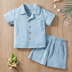 Ensemble de vêtements pour enfants en coton <span class=keywords><strong>lin</strong></span> biologique Ensemble de chemises et shorts pour garçon Ensemble de vêtements pour garçons personnalisés avec <span class=keywords><strong>short</strong></span> et boutons pour enfants - Product Image 4