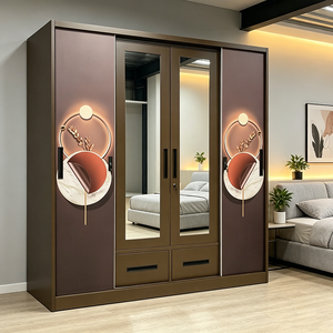 Armario de Acero de Gran Capacidad con 4 Puertas, Espejo y Cajones, Fácil de Montar, Armario con Estampado, Caja Fuerte Interior para <span class=keywords><strong>Dormitorio</strong></span> - Product Image 1