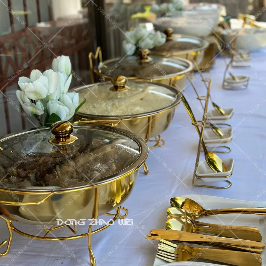 Peralatan restoran 8 liter emas berdiri prasmanan penghangat makanan pesta katering emas bulat 8L piring Chafing tutup kaca panci sup