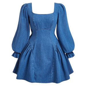 Robe mini en jean pour femme à col <span class=keywords><strong>carré</strong></span> et manches bouffantes, avec dos noué et ourlet à volants, coupe trapèze, Sehe Fashion - Product Image 1