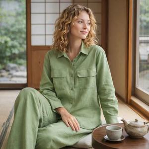 Completi da Donna, Set Personalizzati Ecologici con Camicia Verde in Lino e <span class=keywords><strong>Pantaloni</strong></span> Lunghi con Elastico in Vita, Fornitore di Alta Qualità - Product Image 4