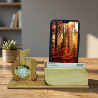 Houten appelklok met telefoonstandaard en kaarthouder, handgemaakt bamboe kantoor cadeau, creatief ontwerp