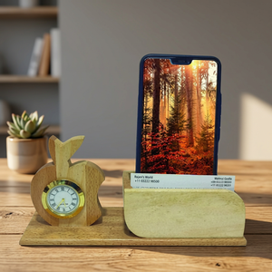 Wooden Apple Clock With Phone Stand And Card Holder Handmade Bamboo <b>Office</b> <b>Gift</b> Creative Design - Product Image 3