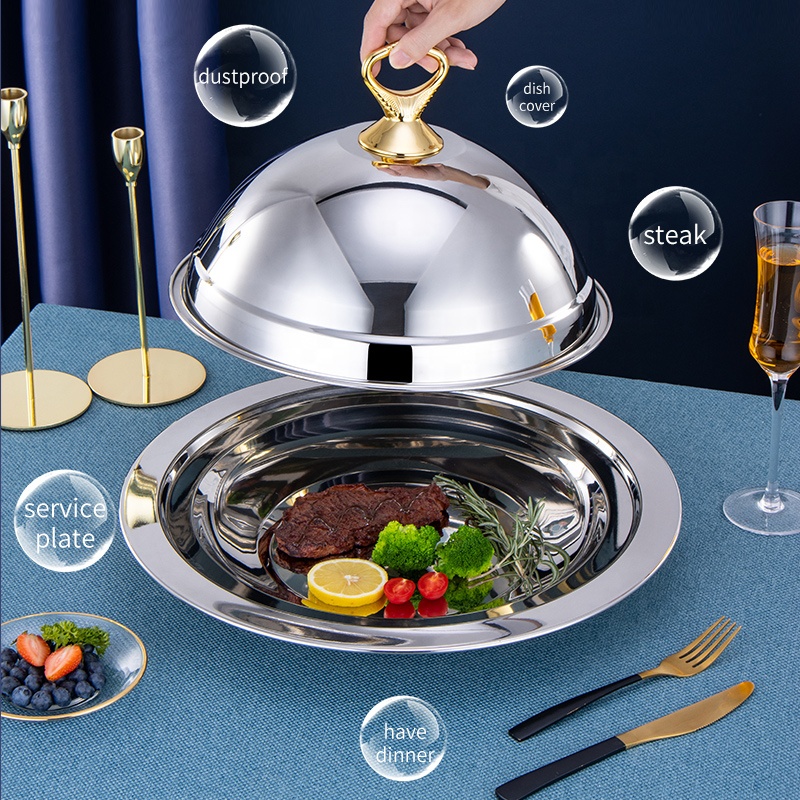 Wholesale luxury food plate with lid dinner platter with cover stainless steel serving serving tray with dome cover