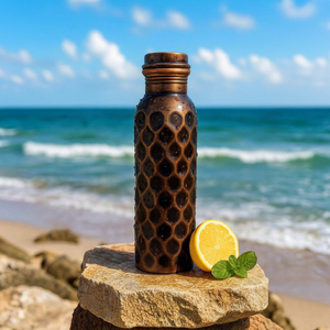 100 Percent Pure <b>Copper</b> Water <b>Bottle</b> Handmade Honeycomb Pattern Ayurvedic Drinkware Leak Proof BPA Free Reusable Hydration - Product Image 1