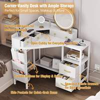 Ensemble de coiffeuse d'angle durable avec éclairage, miroir sur pied, rangement et tabouret – Table de maquillage compacte pour appartements et petites chambres
