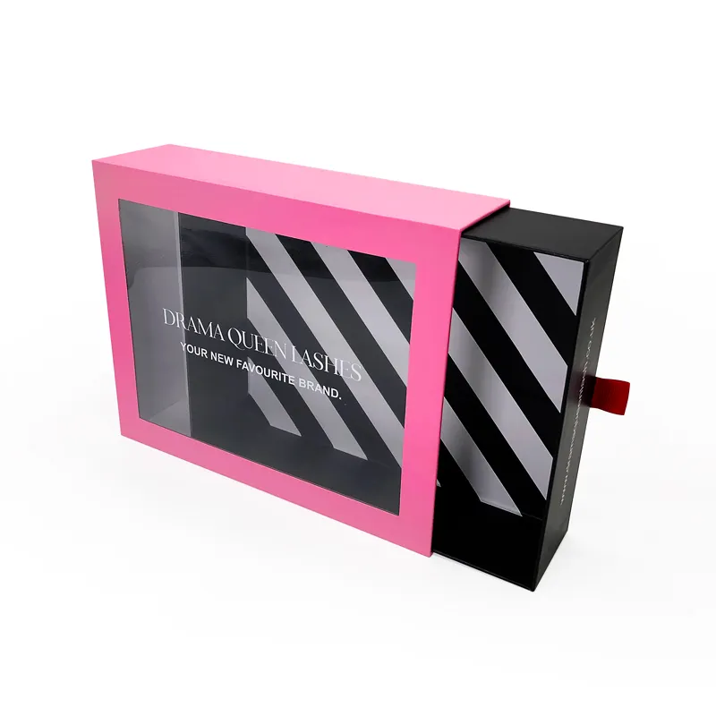 Boîte à tiroir d'emballage de cils avec Logo personnalisé, estampage à chaud, en carton impression personnalisée, avec fenêtre transparente, 50 pièces