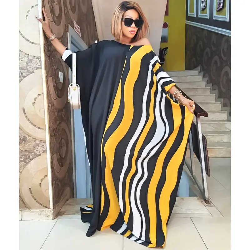 GANE one size fast delivery custom wholesale Muslim New African women print stripe loose bat sleeve dress