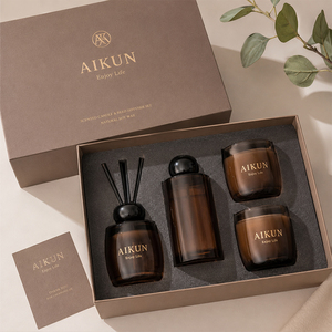 Aikun Natural Soy Wax Foam Insert Rigid Gift Box Home Fragrance Brown Glass Scented Candle <b>Reed</b> <b>Diffuser</b> Set <b>For</b> Wholesale - Product Image 1