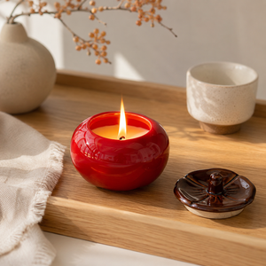Pot à <span class=keywords><strong>bougie</strong></span> en céramique Qianrui en forme de kaki avec couvercle, fait main, <span class=keywords><strong>pour</strong></span> table, chambre à coucher, favorise le sommeil, prix d'usine - Product Image 6