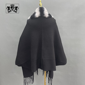 Janedur <span class=keywords><strong>donna</strong></span> inverno nappine in maglia di lana con collo di pelliccia di coniglio nero Pashmina sciarpe in maglia Poncho con collo di pelliccia - Product Image 4