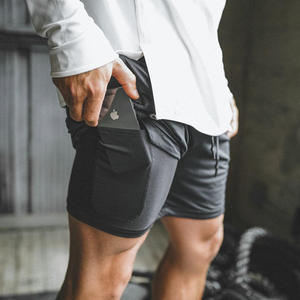 Men's Black Quick Dry Sport Shorts With Pockets Elastic Waist <b>Mid</b> Rise Short Length Spandex Polyester Knitted Fabric - Product Image 3