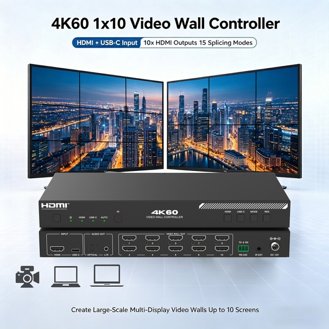 4K60Hz 3x3 Video Wall Controller 18Gbps HDMI USB-C Input 10 HDMI Outputs Video Splicing Controller 2x5 3x3 Video Wall Processor