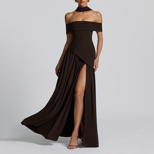 Vestido de noche rosa con hombros descubiertos, plisado asimétrico, largo, con cintura imperio, para eventos formales - Product Image 4