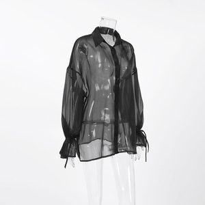 Camisa de malha preta, camisa elegante de manga lanterna solta, casaco de comprimento médio feminino - Product Image 5