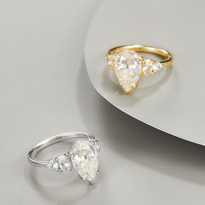 Bague en argent sterling S925 avec moissanite en forme de poire, trois pierres, luxe léger, plaqué or, bicolore, pour femme, fiançailles, mode - Product Image 6