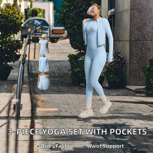 Ensemble de yoga de haute qualité, solide, à séchage rapide, trois pièces, veste cardigan à fermeture éclair à manches longues, gilet, leggings de yoga actifs - Product Image 2