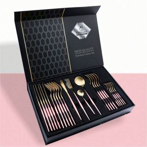 Ensemble de couverts jetables modernes de 72 pièces (24 pièces) en acier inoxydable 304 de haute qualité, écologiques, finition mate dorée et noire, avec manches en bois, sans danger pour les aliments - Product Image 5
