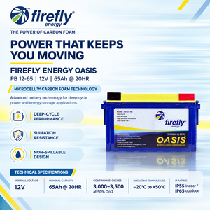 แบตเตอรี่ดีฟไซเคิล 12V 65Ah พร้อมเทคโนโลยีไมโครเซลล์คาร์บอนโฟม สำหรับการจัดเก็บพลังงานแสงอาทิตย์ พลังงานสำรอง และโทรคมนาคม - Product Image 1
