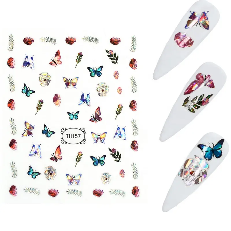 Best Price Designer Butterflies Nail Stickers Customized Available Laser Nail Art Decals Nail Polish Wraps Custom