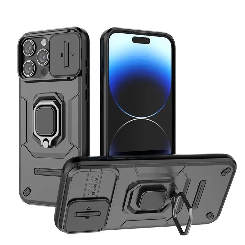 आईफोन 15 प्लस के लिए आर्मर केस, रिंग होल्डर शील्ड कैमरा टीपीयू पीसी कंबाइन सेल फोन कवर के साथ ब्लैक कवर