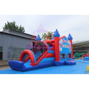 Château gonflable à thème Joyeux <span class=keywords><strong>Anniversaire</strong></span>, rouge et bleu, <span class=keywords><strong>avec</strong></span> toboggan, <span class=keywords><strong>pour</strong></span> les anniversaires d'enfants, <span class=keywords><strong>location</strong></span> commerciale - Product Image 1