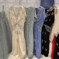 Robe kaftan marocaine, coupe trapèze, manches courtes, taille élastique, perles de cristal, col en V, robe de soirée florale pour femmes musulmanes