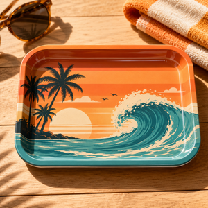 Plateau à rouler en métal style <span class=keywords><strong>surf</strong></span> californien, design rétro coucher de soleil tropical, plateaux à fumer en étain, vente en gros, plateaux à tabac de plage - Product Image 1