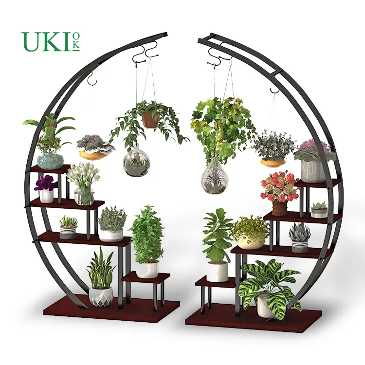 UKIOK Semicírculo Design Ferro Madeira Planta Stand Jardim Decoração Display com 3 Ganchos para Escritório