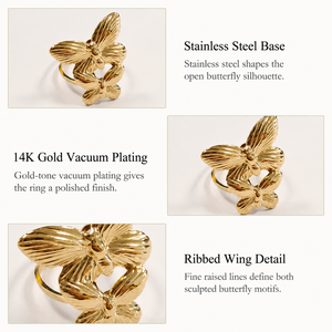 Double Butterfly <b>Open</b> <b>Ring</b> Stainless Steel 14K Gold Vacuum Plated Adjustable Ribbed Wing Statement <b>Ring</b> - Product Image 4