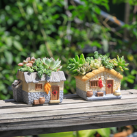 Mini-jardinière en résine Roogo style rustique avec trou de drainage, en forme de maison de campagne, artisanat, petit pot de plante, décoration de bureau et de jardin