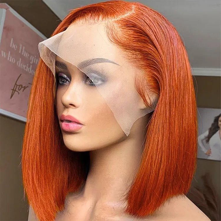 Vente en gros perruque péruvienne Bob 99J, orange gingembre perruques courtes Bob cheveux humains perruques Hd pleine dentelle frontale pour les femmes noires