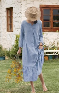 Vêtements en lin grande taille, robe décontractée à col rond et manches courtes, fabricant en gros - Product Image 1