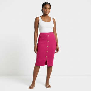 Falda Midi de Punto de Cintura Alta para Mujer, Otoño-Invierno, Elegante con Detalle de Botones, Falda Lápiz con Abertura, Casual, Lisa y Acanalada, con Estilo - Product Image 1