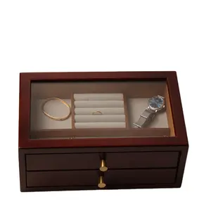 Kotak perhiasan wanita, kotak penyimpanan perhiasan kayu 2 lapisan kustom untuk Kalung Anting dengan laci