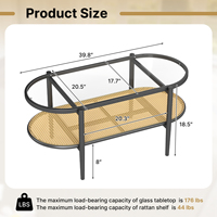 Table basse convertible moderne ovale en verre trempé, faite à la main, durable, écologique, avec étagère de rangement en rotin à 2 niveaux et structure en bois pour la maison